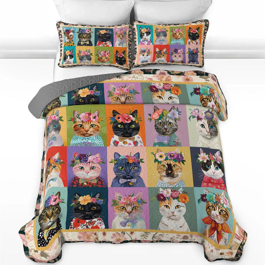 Shineful All Season Quilt 3-Piece Set Floral Cat Fantasy