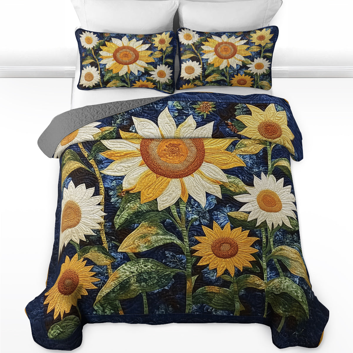 Shineful Flat Print All Season Quilt 3-Piece Set - Midnight Sunflower