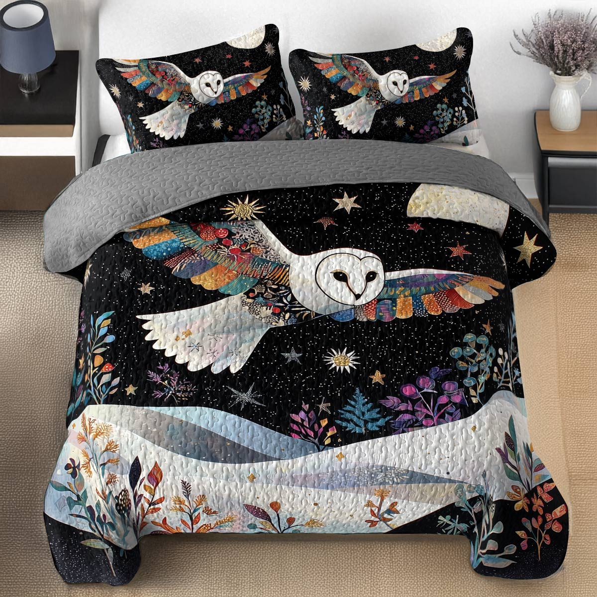 Shineful All Season Quilt 3-Piece Set - Celestial Flight Owl