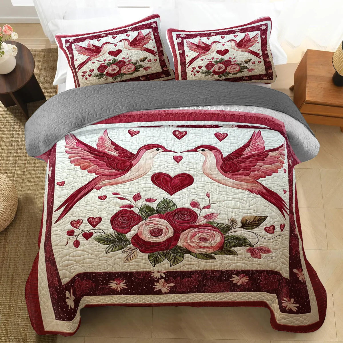 Shineful All Season Quilt 3-Piece Set Heartfelt Birds and Blooms