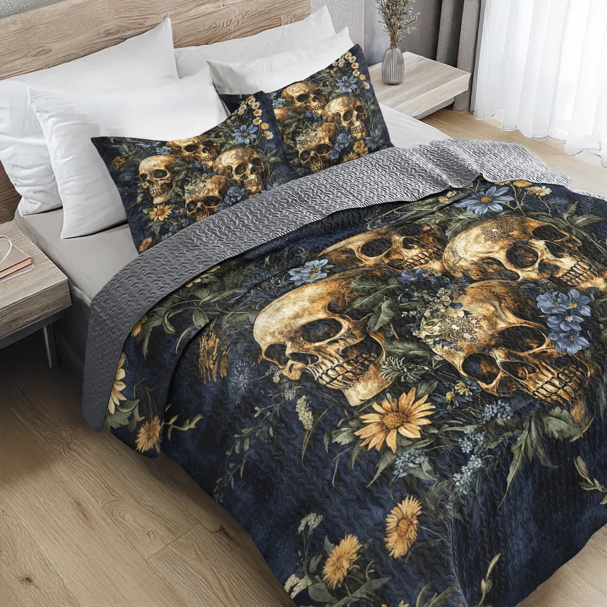 Shineful All Season Quilt 3-Piece Set - Golden Bloom Skull