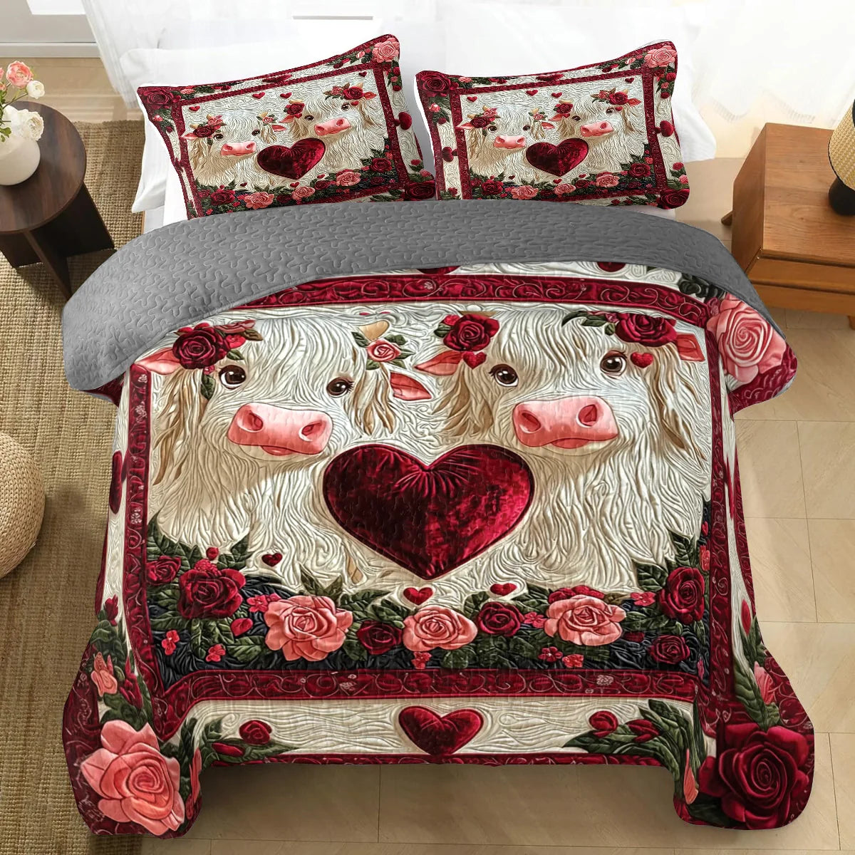 Shineful All Season Quilt 3-Piece Set Loving Hearts & Cows