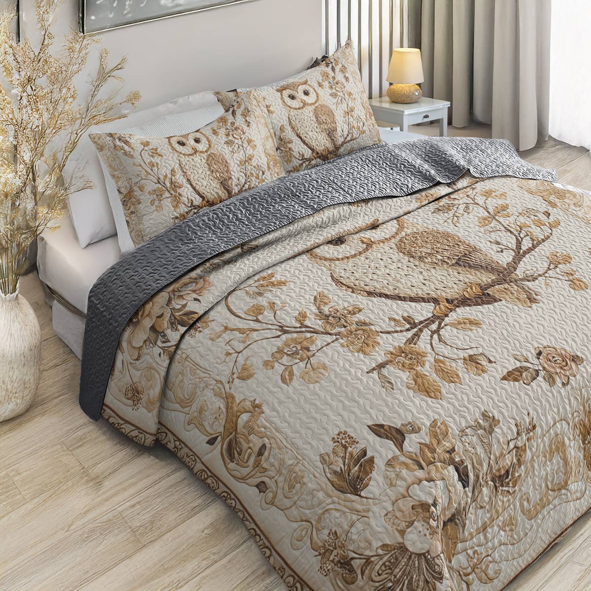 Shineful All Season Quilt 3-Piece Set - Vintage Elegance Owl