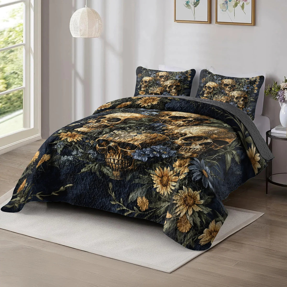 Shineful All Season Quilt 3-Piece Set - Golden Bloom Skull