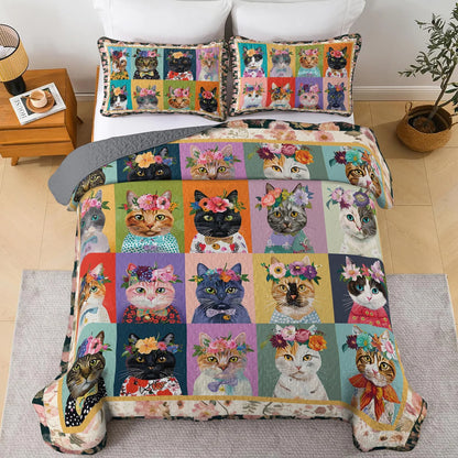 Shineful All Season Quilt 3-Piece Set Floral Cat Fantasy