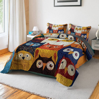 Shineful All Season Quilt 3-Piece Set - Colorful Owl Gathering