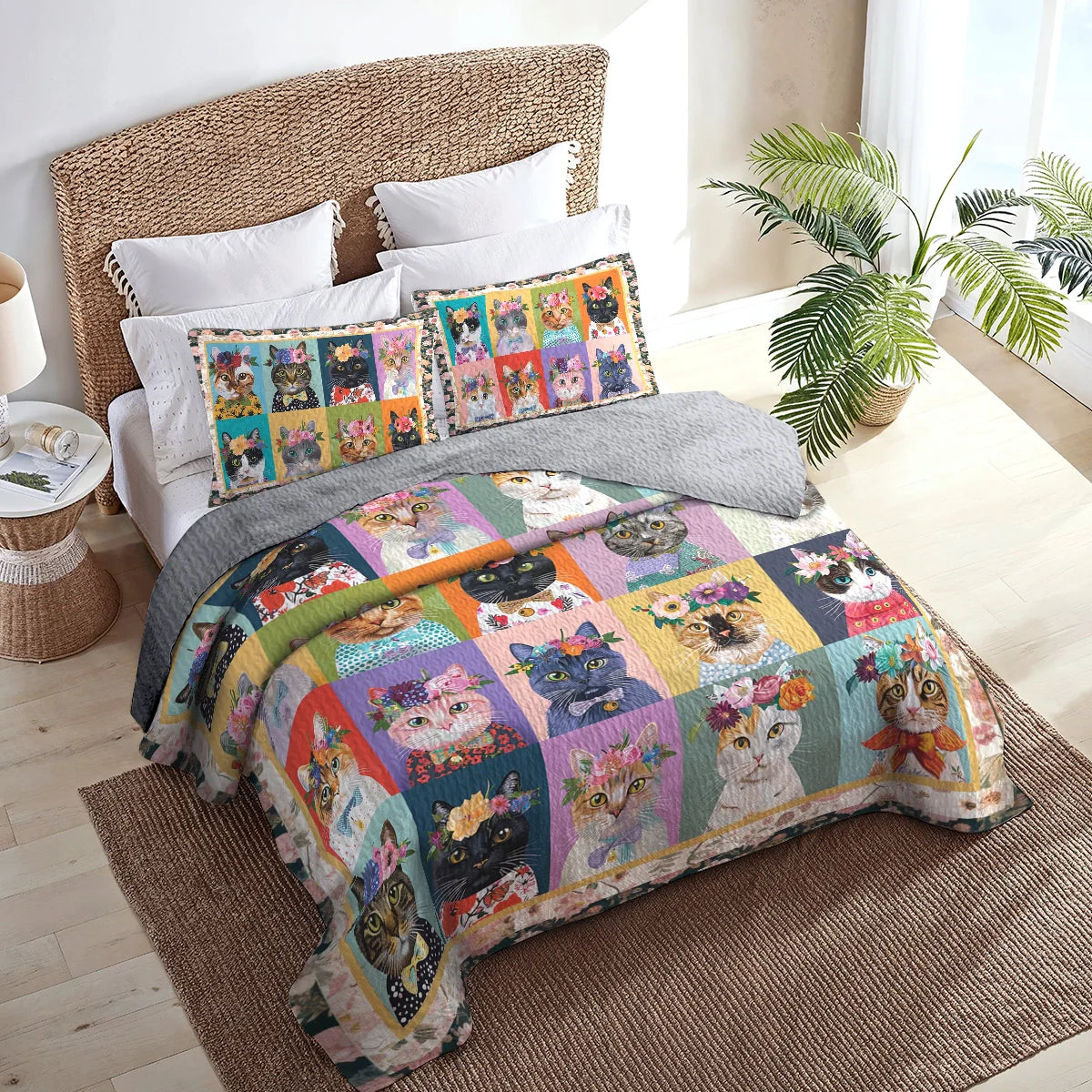 Shineful All Season Quilt 3-Piece Set Floral Cat Fantasy