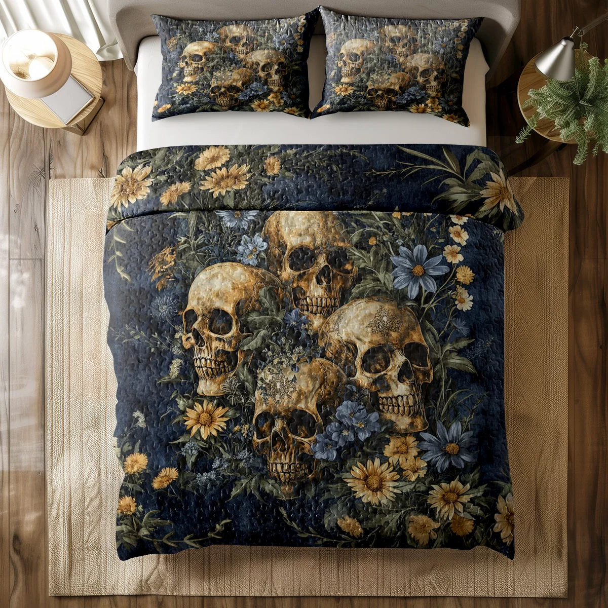 Shineful All Season Quilt 3-Piece Set - Golden Bloom Skull