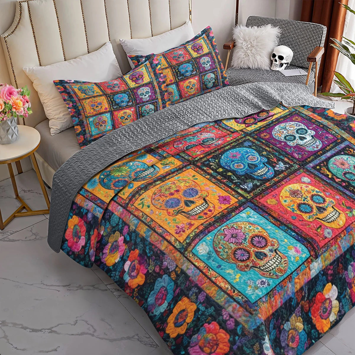 Shineful All Season Quilt 3-Piece Set - Vibrant Sugar Skull