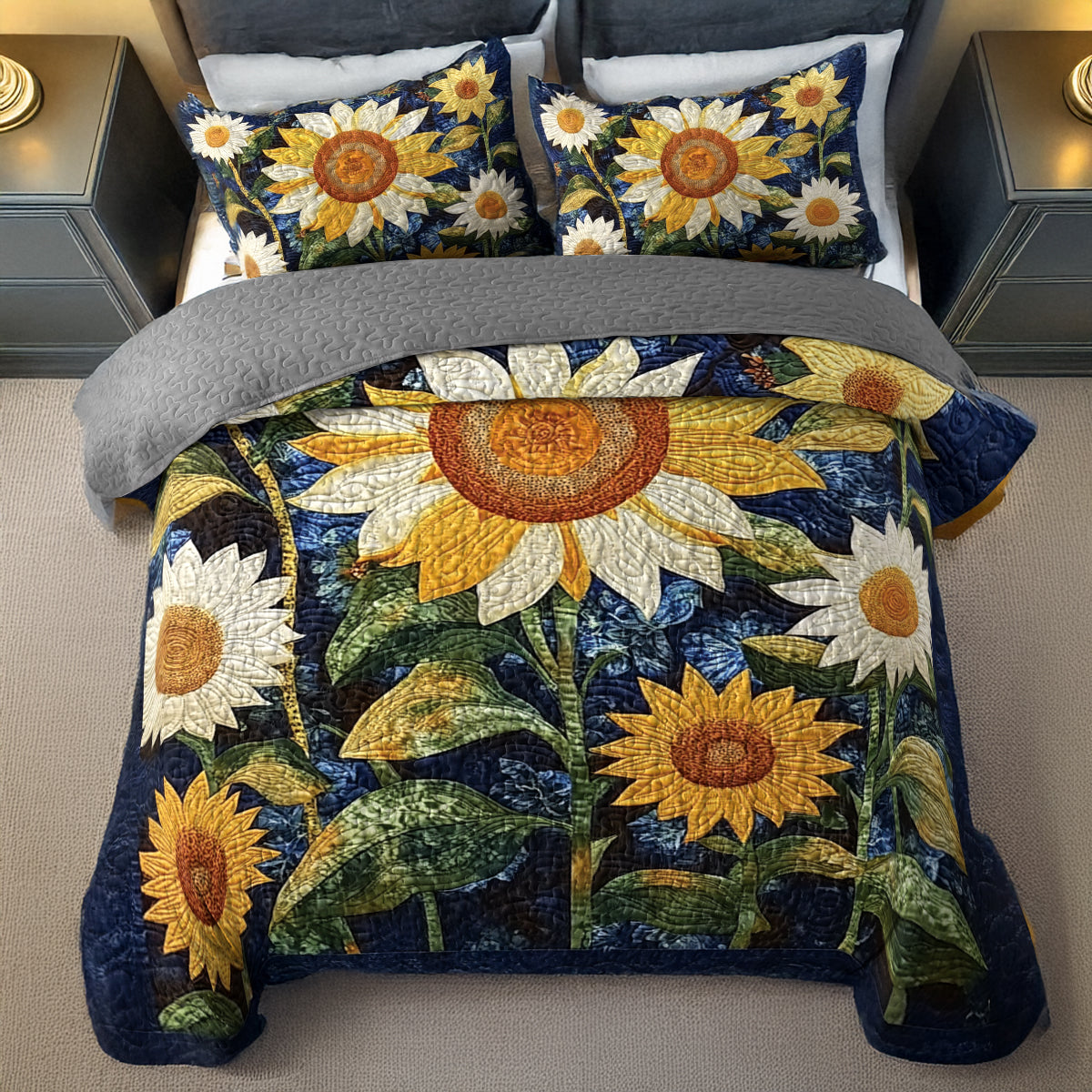 Shineful Flat Print All Season Quilt 3-Piece Set - Midnight Sunflower