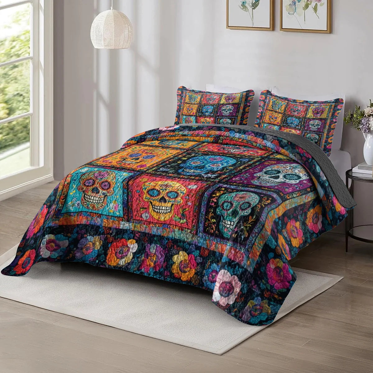 Shineful All Season Quilt 3-Piece Set - Vibrant Sugar Skull