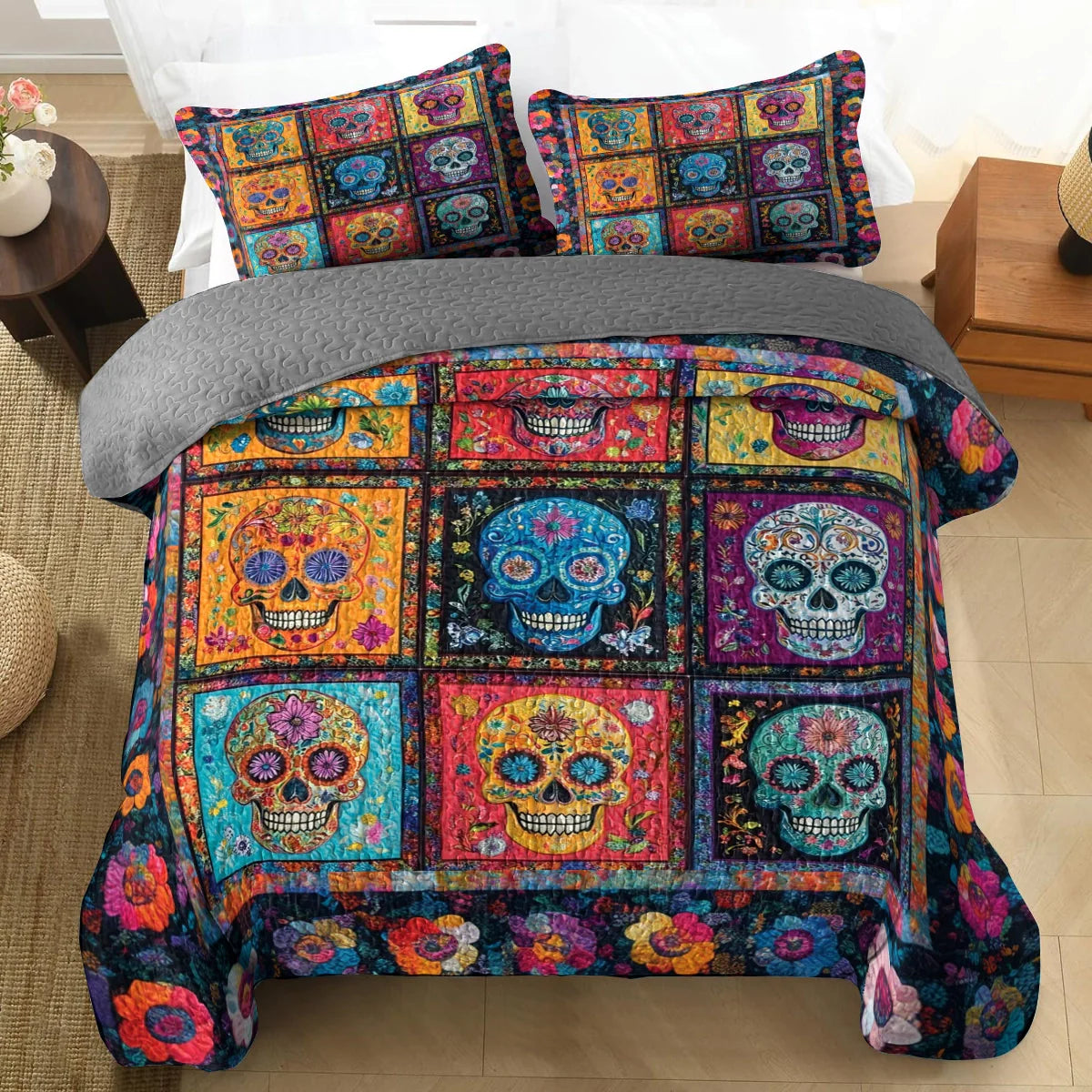 Shineful All Season Quilt 3-Piece Set - Vibrant Sugar Skull