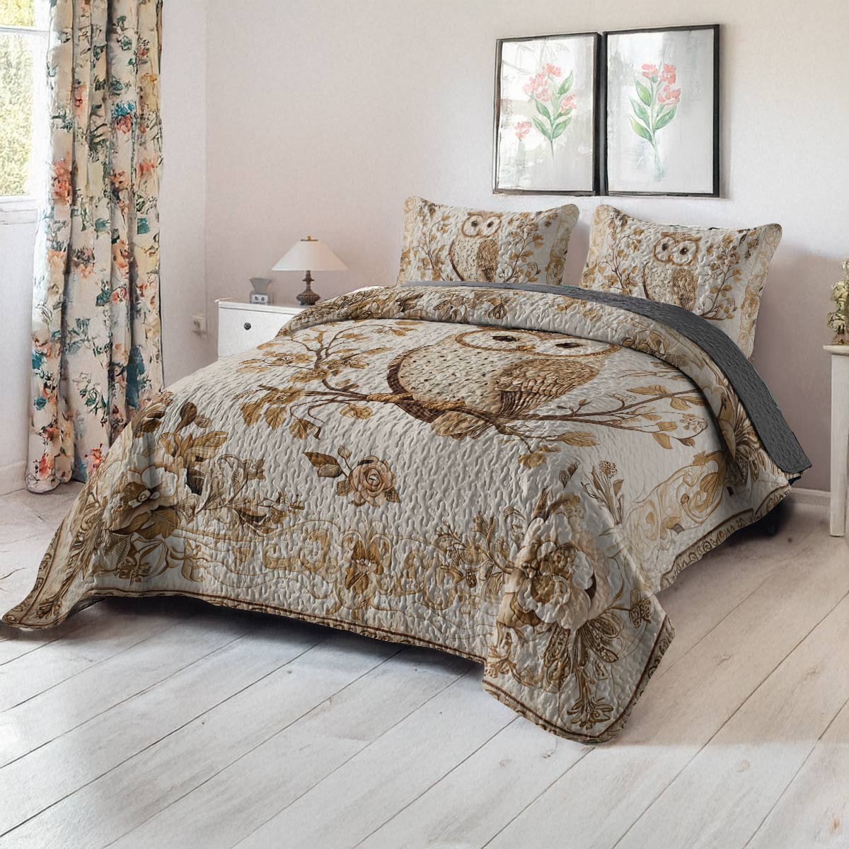 Shineful All Season Quilt 3-Piece Set - Vintage Elegance Owl