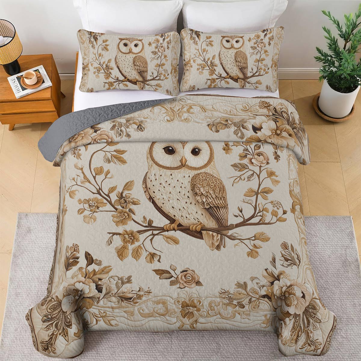 Shineful All Season Quilt 3-Piece Set - Vintage Elegance Owl