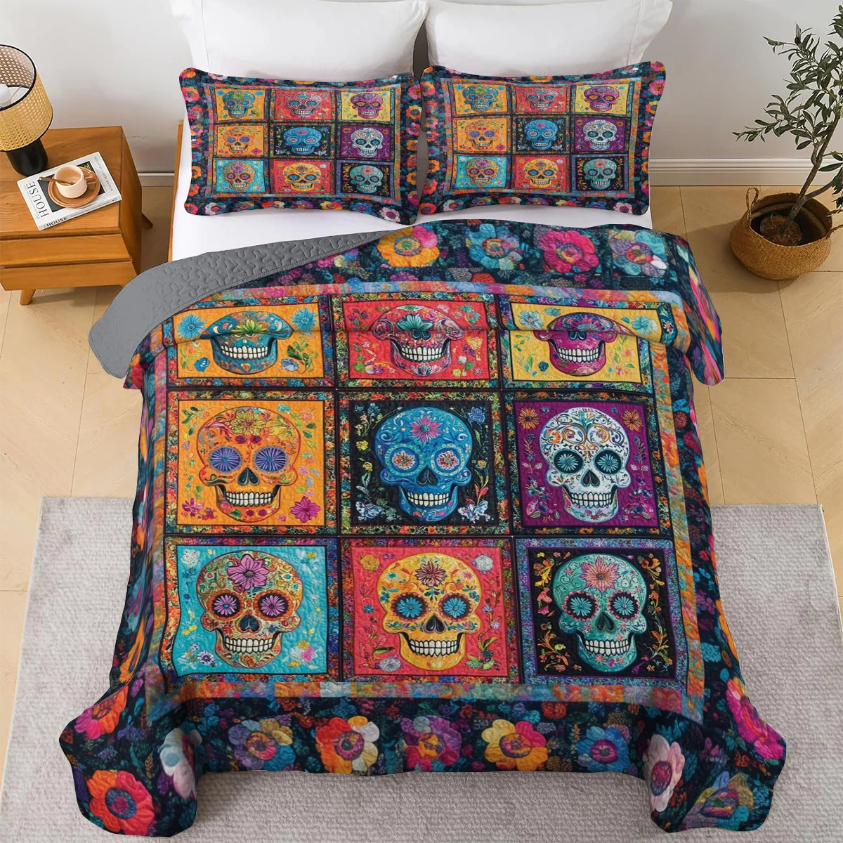 Shineful All Season Quilt 3-Piece Set - Vibrant Sugar Skull