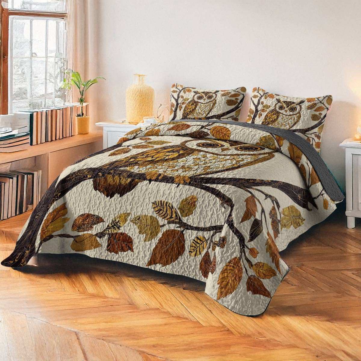 Shineful All Season Quilt 3-Piece Set - Golden Autumn Owl