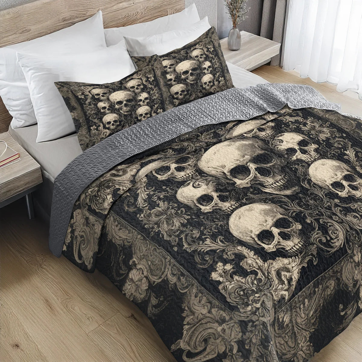 Shineful All Season Quilt 3-Piece Set - Gothic Skull Majesty