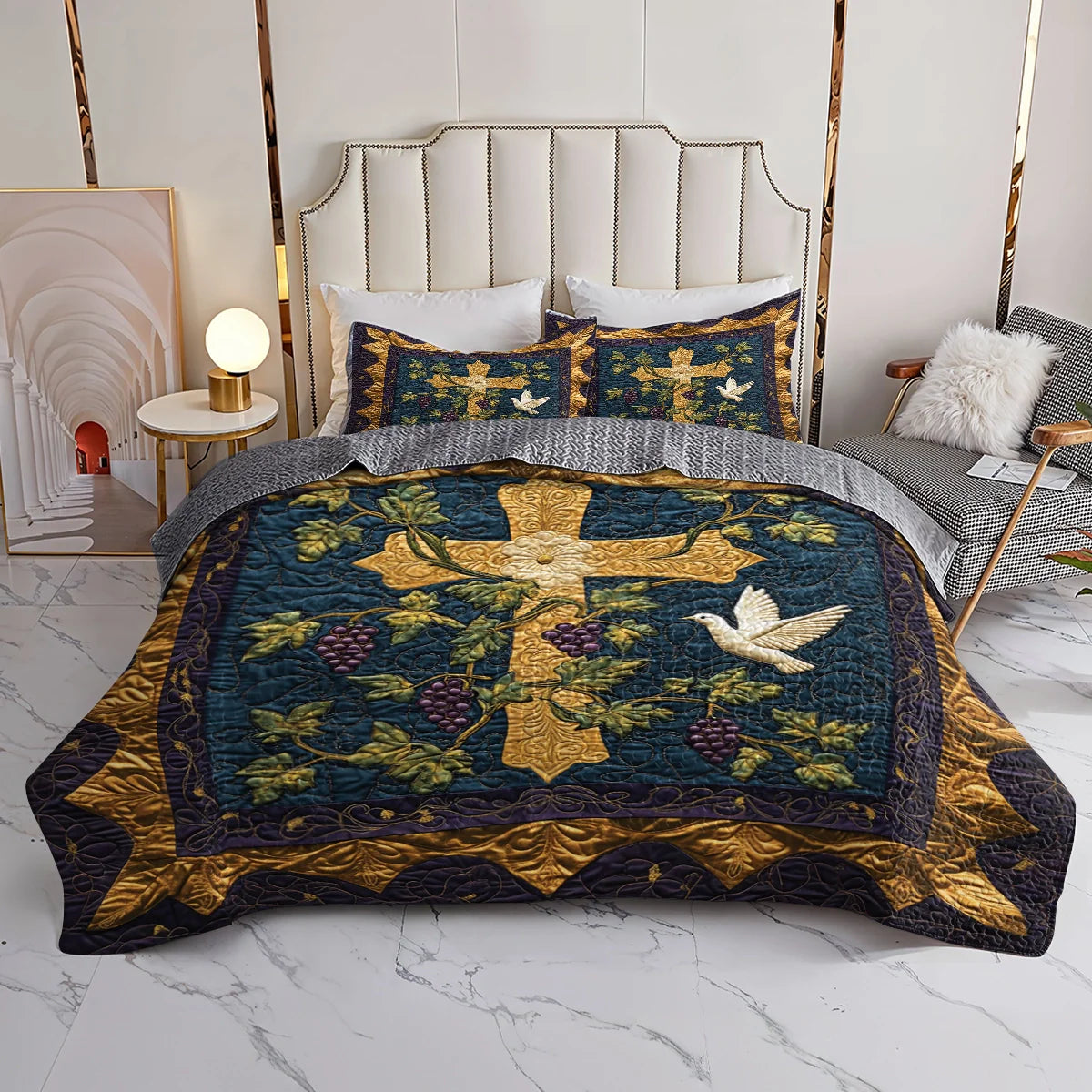 Shineful All Season Quilt 3-Piece Set Golden Cross Serenity