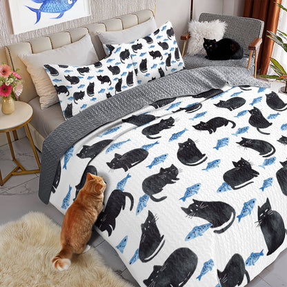 Shineful All Season Quilt 3-Piece Set - Naughty Cat With Fish