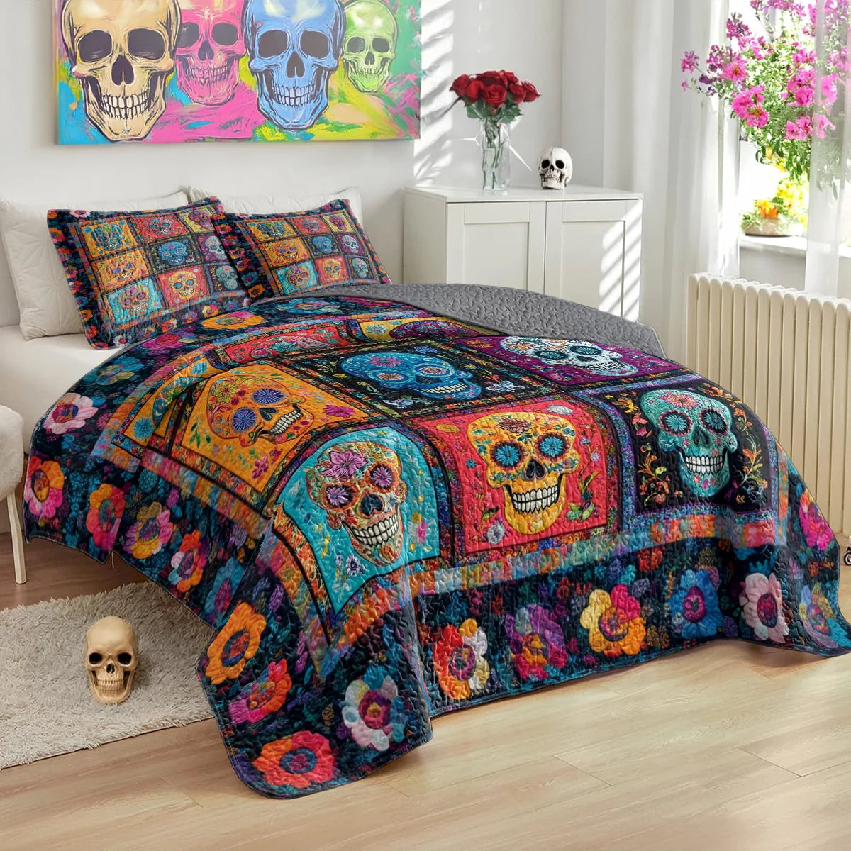 Shineful All Season Quilt 3-Piece Set - Vibrant Sugar Skull