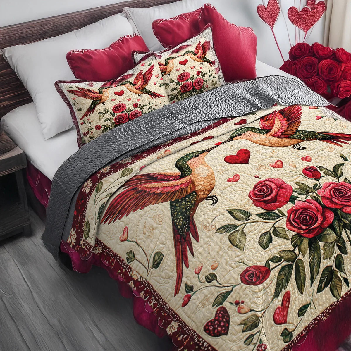 Shineful All Season Quilt 3-Piece Set Valentine Blissful Hummingbird