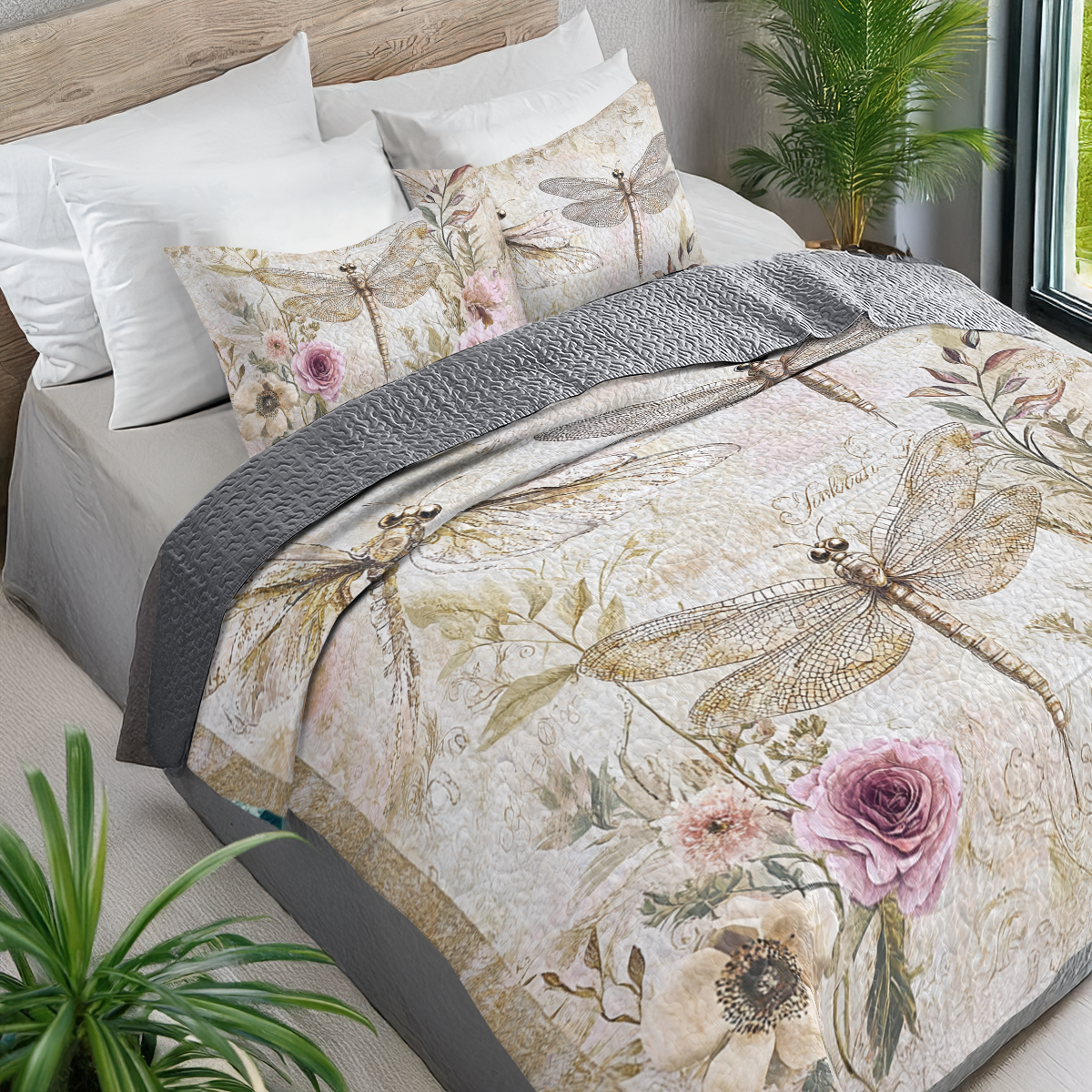 Shineful All Season Quilt 3-Piece Set - Vintage Dragonfly Serenade