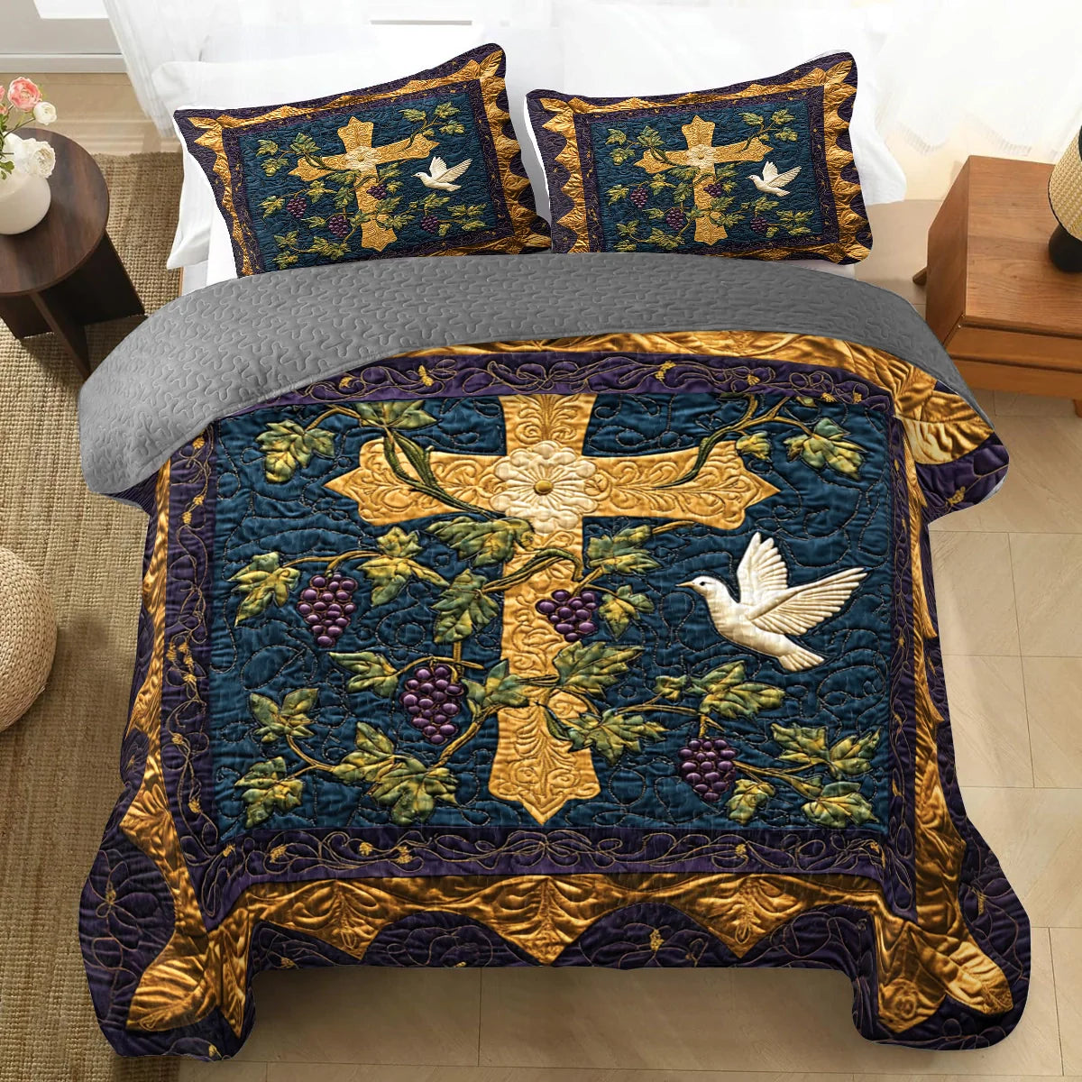 Shineful All Season Quilt 3-Piece Set Golden Cross Serenity