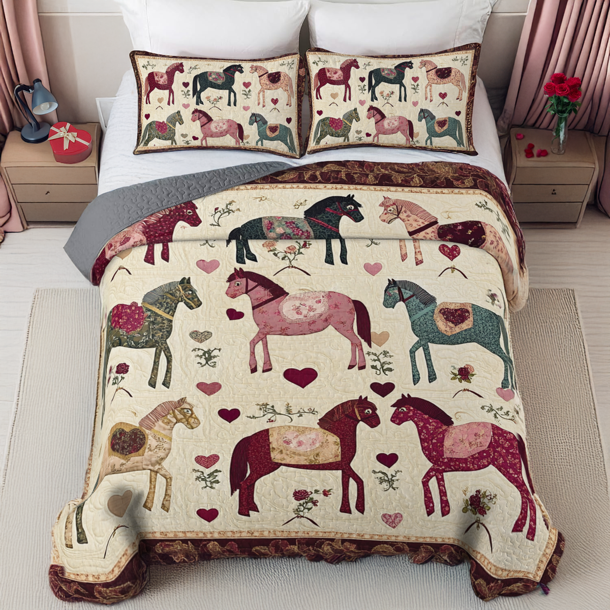 Shineful All Season Quilt 3-Piece Set - Romantic Equestrian Valentine