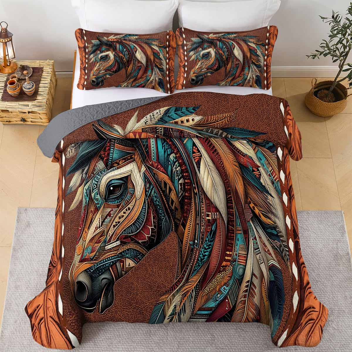 Shineful All Season Quilt 3-Piece Set Tribal Horse Majesty